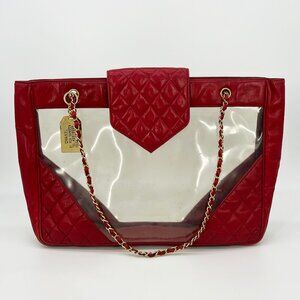 Chanel Vintage Red Leather Clear PVC Shoulder Bag Tote c1990s
